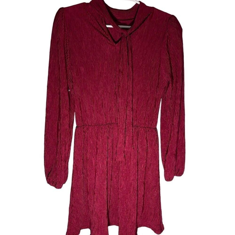FLORET STUDIOS Plissé Tie-Neck Long Sleeve Dress Burgundy Size M